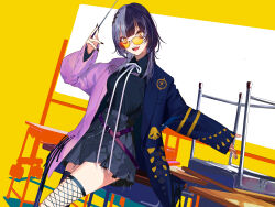 Rule 34 | 1girl, alternate costume, belt, belt chain, black hair, black nails, black shirt, bow, bowtie, classroom, collared shirt, cowboy shot, desk, female focus, fingernails, fishnet thighhighs, fishnets, glasses, grey skirt, highres, holding, holding pointer, holoadvent, hololive, hololive english, jacket, medium hair, multicolored hair, open mouth, pako (pakosun), pleated skirt, pointer, shiori novella, shirt, skirt, sleeves past wrists, smile, solo, split-color hair, standing, teeth, thighhighs, tinted eyewear, tongue, two-tone hair, upper teeth only, virtual youtuber, white bow, white hair, whiteboard, yellow eyes