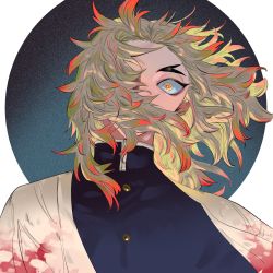 Rule 34 | 1boy, aobe (apajgjt2424), bags under eyes, black jacket, blonde hair, cape, flame print, forked eyebrows, hair intakes, hair over face, hair over mouth, hair over one eye, haori, high collar, highres, jacket, japanese clothes, kimetsu no yaiba, male focus, multicolored hair, red hair, rengoku kyoujurou, shaded face, sidelocks, solo, thick eyebrows, toned, toned male, tsurime, two-tone hair, uniform, white cape, wide-eyed, yellow eyes