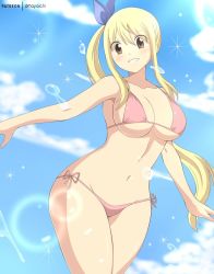Rule 34 | blonde hair, breasts, brown eyes, dmayaichi, fairy tail, highres, large breasts, long hair, lucy heartfilia, patreon, simple background, sky, smile, sparkle, swimsuit, water