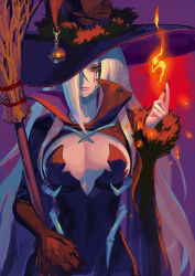 Rule 34 | 1girl, bad id, bad pixiv id, black nails, blonde hair, breasts, broom, cleavage, fire, fire, hair between eyes, hair over one eye, halloween, hat, large breasts, lips, long hair, magic, nail polish, original, red eyes, solo, very long hair, washi no tosaka, witch, witch hat