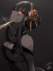 Rule 34 | 1girl, amagasa nadame, bare shoulders, black background, black dress, black hair, blood, blood on face, breasts, brown flower, brown hairband, brown rose, cleavage, closed mouth, commentary request, dress, earrings, flower, glint, hair flower, hair ornament, hairband, highres, jewelry, long hair, looking at viewer, medium breasts, pointy ears, red eyes, rose, sidelocks, signature, solo, spy x family, upper body, yor briar