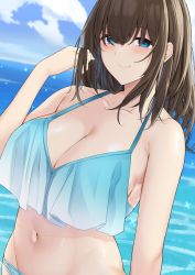 Rule 34 | 1girl, bare arms, bare shoulders, bikini, blue bikini, blue eyes, blush, breasts, brown hair, cleavage, closed mouth, collarbone, day, fuurin restia, hair between eyes, highres, idolmaster, idolmaster cinderella girls, large breasts, long hair, looking at viewer, navel, ocean, outdoors, sagisawa fumika, smile, solo, sparkle, stomach, swimsuit, upper body, water