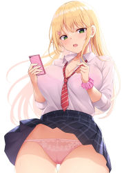 Rule 34 | 1girl, :o, black skirt, blonde hair, bra, bra visible through clothes, breasts, cameltoe, cellphone, cleavage, clothes lift, collared shirt, commentary request, cowboy shot, gluteal fold, green eyes, gyaru, hair ornament, hicha nomu, highres, holding, holding phone, kogal, large breasts, long hair, necktie, open mouth, original, panties, phone, pink bra, pink panties, pleated skirt, red necktie, school uniform, scrunchie, shirt, simple background, skirt, skirt lift, smartphone, solo, standing, teeth, thighs, underwear, upper teeth only, white background, white shirt, wind, wind lift, wrist scrunchie