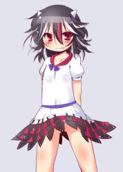 Rule 34 | 1girl, arms behind back, black hair, dress, grey background, grey horns, grin, groin, horns, kijin seija, looking at viewer, multicolored clothes, multicolored dress, multicolored hair, muuba, no panties, puffy sleeves, red dress, short sleeves, simple background, smile, solo, streaked hair, touhou, white dress, wind, wind lift