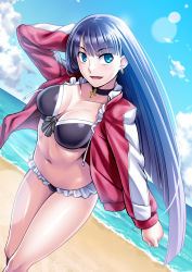 Rule 34 | 1girl, :d, absurdres, beach, bikini, black bikini, blue eyes, blue hair, blunt bangs, breasts, choker, cleavage, cloud, cloudy sky, collarbone, day, dutch angle, earrings, fate/grand order, fate (series), frilled bikini, frills, hand in own hair, highres, hime cut, imada kozue, jacket, jewelry, large breasts, lens flare, long hair, looking at viewer, martha (fate), ocean, open clothes, open jacket, open mouth, outdoors, red jacket, shiny skin, sky, smile, solo, standing, swimsuit, very long hair