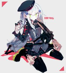 Rule 34 | 1girl, assault rifle, beret, black footwear, black thighhighs, character name, colored shadow, commentary request, cross, german flag, girls&#039; frontline, gloves, green eyes, gun, h&amp;k hk416, hair ornament, hand up, hat, high collar, highres, hk416 (girls&#039; frontline), iron cross, jacket, long hair, meto (metrin), multicolored clothes, multicolored jacket, plaid, plaid skirt, pouch, rifle, shadow, sitting, skirt, solo, thigh pouch, thighhighs, wariza, weapon, white background, white gloves, white hair