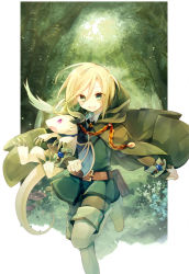 Rule 34 | 1girl, animal, animal hug, belt, blonde hair, boots, cape, dress, fantasy, forest, green dress, green eyes, green skirt, ibara riato, long sleeves, mushroom, nature, open mouth, original, pantyhose, running, skirt, smile, solo, thigh boots, thighhighs