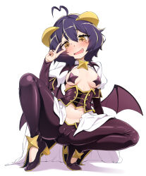Rule 34 | + +, 1girl, absurdres, ahoge, bat wings, black hair, black pasties, breastless clothes, breasts, cameltoe, cleft of venus, commentary request, corset, demon girl, fang, forward facing horns, full body, high heels, highres, hiiragi utena, looking at viewer, magia baiser, mahou shoujo ni akogarete, navel, nekono matatabi, open mouth, pasties, shrug (clothing), small breasts, smile, solo, squatting, star pasties, sweat, v, wings, yellow eyes