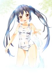 Rule 34 | 1girl, :d, bare shoulders, black hair, blush, brown eyes, cowboy shot, face, k-on!, kazuma (kazumav), long hair, looking at viewer, nakano azusa, navel, one-piece swimsuit, open mouth, outstretched hand, school swimsuit, smile, solo, splashing, swimsuit, twintails, wading, water, white school swimsuit, white one-piece swimsuit