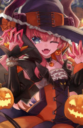 Rule 34 | 1girl, asymmetrical horns, blue eyes, curled horns, dragon girl, dragon horns, dress, elizabeth bathory (fate), elizabeth bathory (halloween caster) (fate), fate/grand order, fate (series), flat chest, halloween, halloween costume, hat, highres, horns, jack-o&#039;-lantern, long hair, m0 chi, one eye closed, pink hair, solo, striped clothes, striped dress, uneven horns, upper body, vertical-striped clothes, vertical-striped dress, witch hat