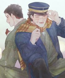 Rule 34 | 2boys, age comparison, aged down, back-to-back, balcom0101, birthday, eating, facial scar, food request, golden kamuy, happy, hat, highres, japanese clothes, kepi, kimono, male focus, military hat, multiple boys, scar, scar on cheek, scar on face, scar on nose, short hair, sideburns, smile, sugimoto saichi