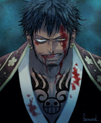 Rule 34 | 1boy, artist name, black hair, blood, blood on clothes, blood on face, blood splatter, commentary, earrings, english commentary, facial hair, feriowind, grin, japanese clothes, jewelry, looking at viewer, male focus, one piece, short hair, signature, smile, solo, stubble, tattoo, trafalgar law, yellow eyes