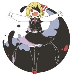 Rule 34 | 1girl, black skirt, black thighhighs, black vest, blonde hair, commentary request, darkness, fang, full body, hair ribbon, jagabutter, long sleeves, looking at viewer, mary janes, open mouth, outstretched arms, red eyes, red footwear, red neckwear, red ribbon, ribbon, rumia, shaded face, shirt, shoes, short hair, skin fang, skirt, solo, spread arms, thighhighs, touhou, vest, white background, white shirt