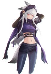 Rule 34 | 1girl, absurdres, animal ears, arknights, arms up, black gloves, black headwear, black jacket, black skirt, breasts, commentary request, crop top, cropped legs, fingerless gloves, fox ears, fox tail, frostleaf (arknights), frostleaf (breaking the ice) (arknights), gloves, grey hair, grey pants, highres, jacket, leggings, long hair, looking at viewer, medium breasts, midriff, miniskirt, navel, official alternate costume, open clothes, open jacket, pants, pantyhose, pencil skirt, purple shirt, red eyes, shirt, simple background, skirt, smile, solo, standing, stomach, superbeek4, tail, very long hair, white background