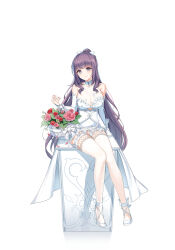 Rule 34 | 1girl, aeri (closers), ankle bow, ankle ribbon, aqua eyes, arm support, back bow, bare shoulders, basket, blunt bangs, blush, bow, braid, breasts, bridal gauntlets, cleavage, closed mouth, closers, clothing cutout, collarbone, desk, dress, flower, french braid, full body, gradient eyes, hair bow, hand up, high heels, highres, holding, holding basket, lace, lace-trimmed dress, lace-trimmed thighhighs, lace trim, large breasts, long hair, looking at viewer, mole, mole under mouth, multicolored eyes, official art, on desk, petals, pink flower, pink rose, ponytail, purple eyes, purple hair, red flower, red rose, ribbon, rose, see-through, see-through cleavage, short dress, sidelocks, sitting, on desk, sleeveless, sleeveless dress, smile, solo, tachi-e, thighhighs, underboob cutout, very long hair, wedding dress, white background, white bow, white bridal gauntlets, white dress, white footwear, white thighhighs