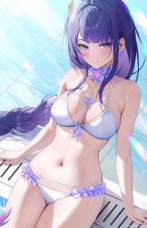 Rule 34 | 1girl, absurdres, arm support, artist name, bare shoulders, bikini, blunt bangs, braid, breasts, chromatic aberration, cleavage, drain (object), flower, genshin impact, hair flower, hair ornament, highres, large breasts, leaning back, long hair, looking at viewer, navel, neck garter, on floor, parted lips, purple eyes, purple flower, purple hair, raiden shogun, rosumerii, single braid, sitting, smile, solo, stomach, swimsuit, tile floor, tiles, very long hair, white bikini