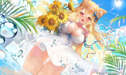Rule 34 | 1girl, animal ear fluff, animal ears, apple caramel, blonde hair, breasts, cleavage, collarbone, commission, dress, dutch angle, flower, gluteal fold, hair ribbon, heart, heart-shaped pupils, highres, holding, holding flower, large breasts, long hair, open mouth, original, outdoors, red eyes, ribbon, smile, solo, standing, sundress, sunflower, symbol-shaped pupils, thighs, very long hair, wading, water drop, watermark, white dress, wind, wind lift