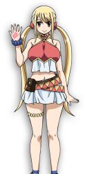 Rule 34 | bare arms, bare legs, bare shoulders, belly, blonde hair, breasts, brown eyes, fairy tail, fairy tail: dragon cry, highres, large breasts, lucy heartfilia, miniskirt, navel, official art, skirt, smile, tattoo, twintails
