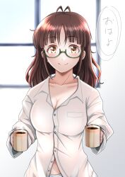 Rule 34 | 1girl, akizuki ritsuko, alternate hairstyle, antenna hair, blue panties, blurry, blurry background, blush, breasts, brown eyes, brown hair, cleavage, closed mouth, coffee, coffee cup, collarbone, cup, disposable cup, dot nose, glasses, green-framed eyewear, hands up, highres, holding, holding cup, idolmaster, idolmaster (classic), idolmaster million live!, idolmaster million live! theater days, indoors, large breasts, long sleeves, looking at viewer, messy hair, midriff peek, morning, naked shirt, navel, nikukai, panties, partially unbuttoned, semi-rimless eyewear, shirt, short hair, smile, solo, speech bubble, translated, under-rim eyewear, underwear, upper body, white shirt, window