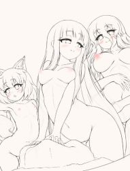 Rule 34 | 3girls, :o, animal ears, blunt bangs, blush, breasts, eyebrows, hair between eyes, ichina (osabakitina), large breasts, lineart, long hair, looking at another, medium breasts, monochrome, multiple girls, navel, nipples, nude, original, rock, small breasts, smile, spot color, tail, uncensored, very long hair