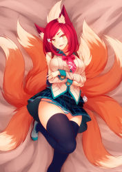 Rule 34 | 1girl, academy ahri, ahri (league of legends), alternate hair color, alternate hair length, alternate hairstyle, animal ear fluff, animal ears, aqua panties, backpack, bag, bed sheet, black thighhighs, bow, breast hold, breasts, cardigan, charm (object), crossed arms, facial mark, fangs, female focus, fox ears, fox tail, from above, gradient background, hair ornament, hairclip, heart, heart hair ornament, highres, large breasts, league of legends, long hair, long sleeves, lying, multiple tails, necktie, on back, on bed, open m/, open mouth, panties, pantyshot, plaid, plaid skirt, pleated skirt, red hair, ricegnat, school uniform, shoes, short hair, skirt, sleeve cuffs, slit pupils, smile, solo, striped clothes, striped panties, swept bangs, tail, thighhighs, underwear, uwabaki, whisker markings, white panties, yellow eyes