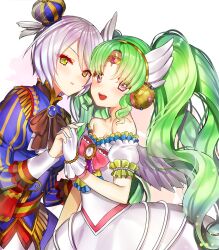 Rule 34 | 2girls, :d, bad id, bad pixiv id, bare shoulders, black ribbon, brooch, closed mouth, colored eyelashes, crown, dress, falulu, falulu (awakened), feathered wings, forehead jewel, gambe, gloves, green eyes, green hair, grey eyes, grey hair, hair between eyes, hand up, headphones, holding hands, idol clothes, jewelry, juliet sleeves, long hair, long sleeves, looking at viewer, mini crown, multiple girls, neck ribbon, off-shoulder dress, off shoulder, open mouth, parted bangs, pink ribbon, pretty series, pripara, puffy sleeves, reverse trap, ribbon, shikyoin hibiki, short hair, sidelocks, signature, smile, standing, twintails, very long hair, white background, white dress, white gloves, white wings, wing hair ornament, wings