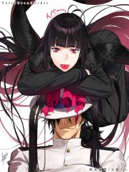 Rule 34 | 1boy, 1girl, azusa (hws), black hair, character name, copyright name, crossed arms, fate/grand order, fate (series), fedora, hat, long hair, low ponytail, military, military uniform, on head, oryou (fate), pink eyes, sakamoto ryouma (fate), scarf, sweatdrop, tongue, tongue out, uniform, very long hair