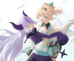 2girls absurdres aqua_hair belt blonde_hair breasts choker cleavage coat_dress cuffs demon_girl demon_horns demon_tail egasumi fingerless_gloves floating_hair gloves grey_hair hair_intakes hair_ornament hakama hakama_short_skirt hakama_skirt haori headband highres hip_vent hololive horns hug japanese_clothes kazama_iroha kazama_iroha_(1st_costume) kaze_22 la+_darknesss la+_darknesss_(1st_costume) leaf_hair_ornament light_blush long_coat long_hair long_sleeves looking_at_viewer multiple_girls open_mouth ponytail purple_stripes shackles short_hair shrug_(clothing) simple_background skindentation skirt sleeves_past_fingers sleeves_past_wrists smile tail thigh_strap virtual_youtuber yellow_eyes