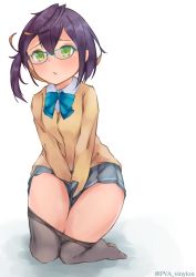 Rule 34 | 1girl, between legs, blush, bow, bowtie, cardigan, clothes pull, commentary request, full body, green eyes, hand between legs, highres, kantai collection, light blush, no shoes, okinami (kancolle), pantyhose, pantyhose pull, pleated skirt, purple hair, short hair, skirt, solo, twitter username, uut
