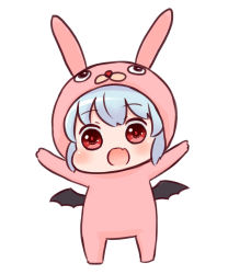 Rule 34 | 1girl, :d, animal costume, arms up, batta (ijigen debris), blue hair, chibi, fang, full body, looking at viewer, low wings, open mouth, rabbit costume, red eyes, remilia scarlet, short hair, simple background, smile, solo, standing, touhou, white background, wings