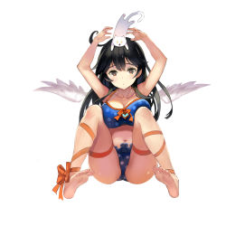 Rule 34 | 10s, 1girl, ahoge, alternate costume, animal, animal on head, arms up, bare legs, bare shoulders, barefoot, bikini, black hair, blue bikini, breast press, breasts, cat, cat on head, cleavage, feathered wings, feet, full body, hair between eyes, kantai collection, large breasts, long hair, looking at viewer, midriff, navel, necolab, on head, soles, solo, swimsuit, thighs, toes, ushio (kancolle), wings