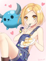 Rule 34 | 1girl, babe (fate), bad id, bad pixiv id, blonde hair, cake, eating, fate/grand order, fate (series), food, food on face, fork, looking at viewer, naked overalls, overalls, pancake, paul bunyan (fate), paul bunyan (third ascension) (fate), plate, short hair, siika 620, smile, solo, yellow eyes