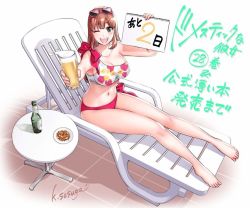 Rule 34 | 1girl, alcohol, armpits, bare arms, bare legs, bare shoulders, barefoot, beer, belly, bikini, breasts, brown hair, cleavage, collarbone, colored skin, eyewear on head, green eyes, large breasts, long hair, looking at viewer, navel, one eye closed, open mouth, red bikini, sitting, smile, solo, sunglasses, sunglasses on head, swimsuit, tachibana hina, teeth, thighs, white skin, wink