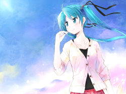 Rule 34 | 1girl, aqua hair, beads, black ribbon, blue eyes, blue hair, cardigan, casual, collarbone, day, floating hair, frills, glowing, grass, hair beads, hair ornament, hair ribbon, hatsune miku, looking away, matching hair/eyes, melt (vocaloid), mountain, nonaka yuu, outdoors, plaid, plaid skirt, red skirt, ribbon, ripples, skirt, sky, sleeves past elbows, solo, unbuttoned, upper body, vocaloid, wind