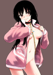 Rule 34 | 1girl, alphy, black hair, blue nails, blush, breasts, brown background, brown eyes, chain, collar, collarbone, cowboy shot, fon (alphy), gold, gold chain, head tilt, large breasts, long hair, long sleeves, nail polish, navel, no bra, no panties, open clothes, open shirt, original, pink lips, pink shirt, shirt, simple background, sleeves past wrists, smile, solo, standing, stomach