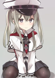 Rule 34 | 10s, 1girl, absurdres, aged down, anchor, black gloves, blonde hair, blush, capelet, collar, commentary request, gloves, graf zeppelin (kancolle), grey background, grey skirt, hair between eyes, hat, highres, kantai collection, long hair, long sleeves, natsu (sinker8c), necktie, pantyhose, peaked cap, pleated skirt, purple eyes, red necktie, shadow, simple background, sitting, skirt, sleeves past wrists, solo, twintails, wariza