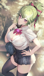 Rule 34 | 1girl, alternate costume, arataki itto, black bra, black skirt, black thighhighs, blurry, blurry background, bow, bowtie, bra, bra peek, breasts, cleavage, collared shirt, commentary request, cowboy shot, dress shirt, genshin impact, green hair, hand on own hip, hand up, highres, kuki shinobu, large breasts, looking at viewer, mask, mask pull, matsumoto mitsuaki, medium hair, miniskirt, mouth mask, parted lips, partially unbuttoned, plaid, plaid skirt, pleated skirt, ponytail, purple eyes, red bow, red bowtie, school uniform, shirt, shirt tucked in, short ponytail, short sleeves, sidelocks, skirt, solo, thighhighs, thighs, underwear, white shirt