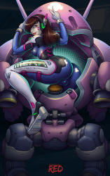 Rule 34 | 1girl, ass, bodysuit, boots, breasts, brown eyes, brown hair, cameltoe, covered erect nipples, d.va (overwatch), facepaint, facial mark, flannaganthered, from behind, gloves, headphones, large breasts, long hair, looking at viewer, mecha, overwatch, overwatch 1, robot, shiny clothes, skin tight, smile, solo, v