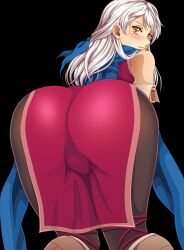 Rule 34 | 1girl, absurdres, ass, ass focus, bare shoulders, blush, boots, cameltoe, dress, fire emblem, fire emblem: radiant dawn, from behind, hair ribbon, highres, huge ass, leenvidia, legs, long hair, looking at viewer, looking back, micaiah (fire emblem), nintendo, pants, ribbon, scarf, smile, solo, thighs, white hair, yellow eyes