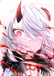 Rule 34 | 1girl, absurdres, black choker, blood, blood spray, character name, choker, commentary, counter:side, covered mouth, fur trim, glowing, glowing eye, hair over one eye, highres, horns, long hair, looking at viewer, nanahara chifuyu, one eye covered, oni horns, parted bangs, rectangle, red eyes, single horn, solo, square, upper body, v-shaped eyebrows, white hair, yorururu