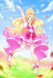 Rule 34 | 10s, 1girl, 2015, :d, arakawa tarou, blonde hair, blush, boots, bow, character name, choker, cloud, copyright name, cure flora, day, dress, earrings, english text, eyelashes, gloves, go! princess precure, green eyes, half updo, happy, haruno haruka, heart, high heel boots, high heels, highres, jewelry, long hair, looking at viewer, magical girl, multicolored hair, open mouth, pink bow, pink dress, pink hair, precure, puffy sleeves, ribbon, sky, smile, solo, streaked hair, tiara, very long hair, waist bow, white gloves