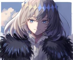 Rule 34 | 1boy, arthropod boy, blue eyes, cape, cloak, close-up, cloud, collar, crown, diamond hairband, dragonfly wings, fate/grand order, fate (series), frilled collar, frills, fur-trimmed cape, fur-trimmed cloak, fur trim, grey hair, highres, insect wings, medium hair, oberon (fate), oberon (third ascension) (fate), portrait, shadow, sky, smile, solo, touchika, white hair, wings