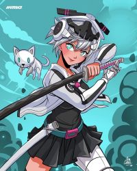 Rule 34 | 1girl, anacathie, animal, aqua eyes, cat, commentary, english commentary, glowing, glowing eyes, helmet, highres, jacket, jolly roger, katana, mariko (quiccs), mask, mask on head, mechanical hands, official art, original, second-party source, short hair, single mechanical hand, skull and crossed swords, skull mask, sword, thick lips, v-fin, weapon, white cat, white hair