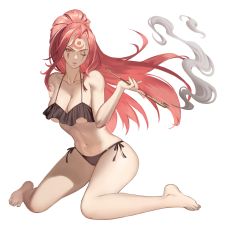 Rule 34 | 1girl, absurdres, amputee, baiken, big hair, bikini, breasts, cleavage, eyepatch, facial tattoo, guilty gear, guilty gear strive, hanny (uirusu chan), highres, large breasts, long hair, navel, one-eyed, pink hair, ponytail, scar, scar across eye, scar on face, smoking, solo, swimsuit, tattoo, white background