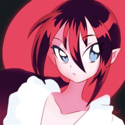 Rule 34 | 1girl, blouse, blue eyes, closed mouth, hair between eyes, lady bat, long hair, looking at viewer, male focus, mermaid melody pichi pichi pitch, pointy ears, ponytail, red hair, reiesu (reis), shirt, signature, solo, upper body, white shirt