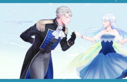 Rule 34 | 1boy, 1girl, arm behind back, ascot, black gloves, blue dress, bracelet, breasts, closed eyes, copyright name, dress, epaulettes, euphie (pixiv fantasia age of starlight), gloves, grey hair, grey pants, hetero, jewelry, looking at another, necklace, pants, pixiv fantasia, pixiv fantasia age of starlight, pointy ears, reshi3310, small breasts, standing, wer tlos, white ascot, white hair, wings