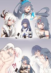 Rule 34 | !?, 2girls, :d, back, blue eyes, blue headwear, blush, bow, braid, breasts, closed mouth, collared shirt, covering own mouth, dual persona, fang, fu hua, fu hua (azure empyrea), fu hua (herrscher of sentience), fu hua (phoenix), fu hua (taixuan impression), fu hua (valkyrie accipiter), gloves, grey hair, hair bow, hair ornament, highres, honkai (series), honkai impact 3rd, interview, kiss, licking, licking another&#039;s neck, long hair, looking at viewer, microphone, multicolored hair, multiple girls, navel, neru yinwu, nude, official alternate costume, one eye closed, open mouth, red eyes, selfcest, shirt, skin fang, smile, stomach, streaked hair, white hair, yuri