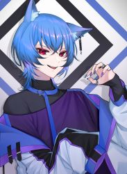 Rule 34 | 1boy, animal ears, blue hair, cat boy, cat ears, chocolate4170615, ear piercing, fangs, highres, jacket, jewelry, long sleeves, looking at viewer, male focus, nail polish, open mouth, original, piercing, purple eyes, ring, short hair, sleeves past wrists, solo, tongue, tongue out, turtleneck