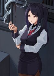 Rule 34 | 1girl, alley, bartender, cigarette, commentary, english commentary, fiesta (fiesta303), highres, jill stingray, long hair, miniskirt, necktie, pantyhose, purple hair, red eyes, skirt, smoke, smoking, solo, twintails, va-11 hall-a, vest