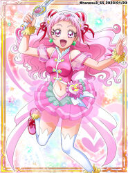 Rule 34 | birthday, breasts, cheerleader, clover earrings, cone hair bun, crop top, crop top overhang, cure yell, dated, frilled skirt, frills, gradient background, hair bun, hair ornament, hanzou, happy birthday, heart, heart hair ornament, heart pouch, highres, hugtto! precure, lipstick, looking at viewer, makeup, midriff, miniskirt, navel, nono hana, pink background, pink skirt, pom pom (cheerleading), precure, see-through, see-through sleeves, shoes, skirt, small breasts, smile, sneakers, standing, standing on one leg, thick eyelashes, thighhighs, twitter username, wand, white background, white thighhighs